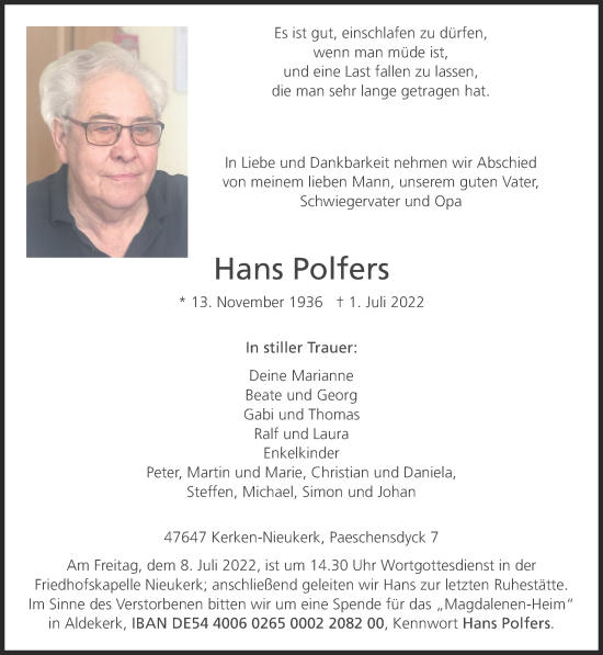 Traueranzeige von Hans Polfers 