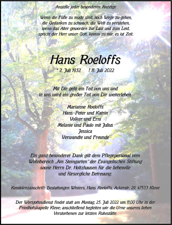 Traueranzeige von Hans Roeloffs 
