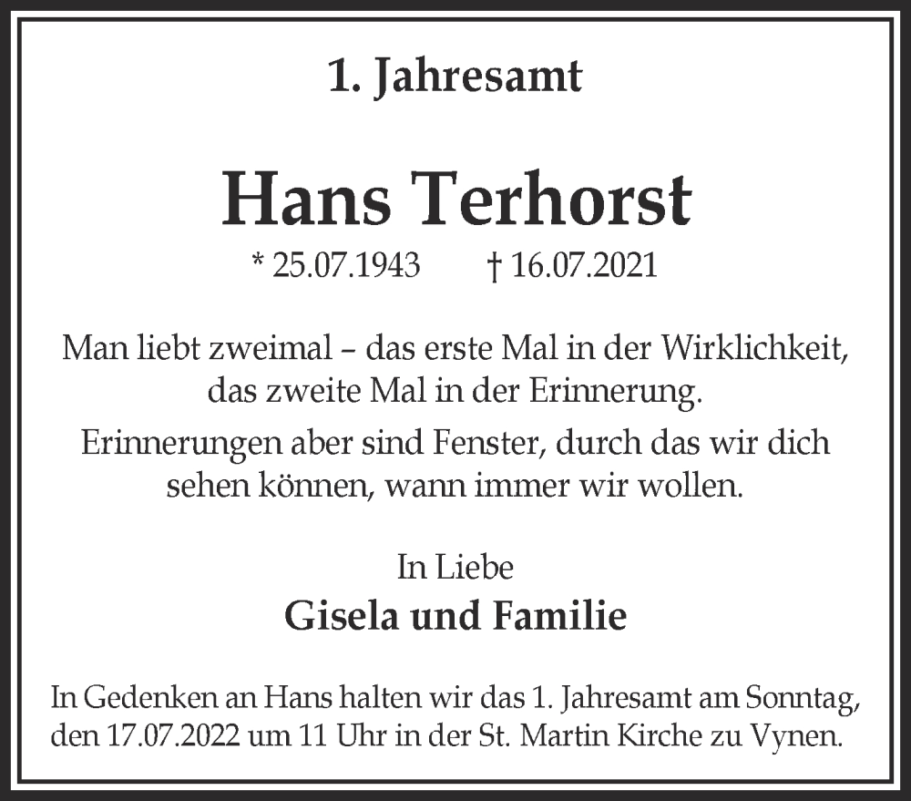  Traueranzeige für Hans Terhorst vom 09.07.2022 aus 