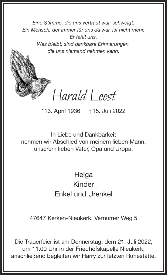 Traueranzeige von Harald Leest 