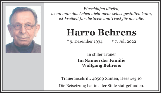 Traueranzeige von Harro Behrens 