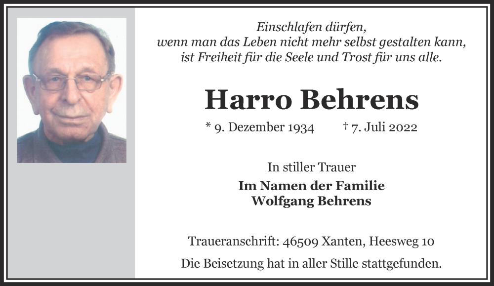  Traueranzeige für Harro Behrens vom 30.07.2022 aus 