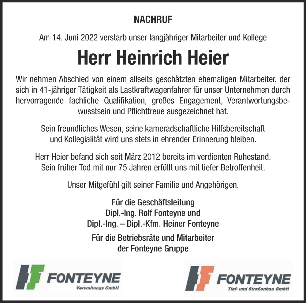  Traueranzeige für Heinrich Heier vom 06.07.2022 aus 