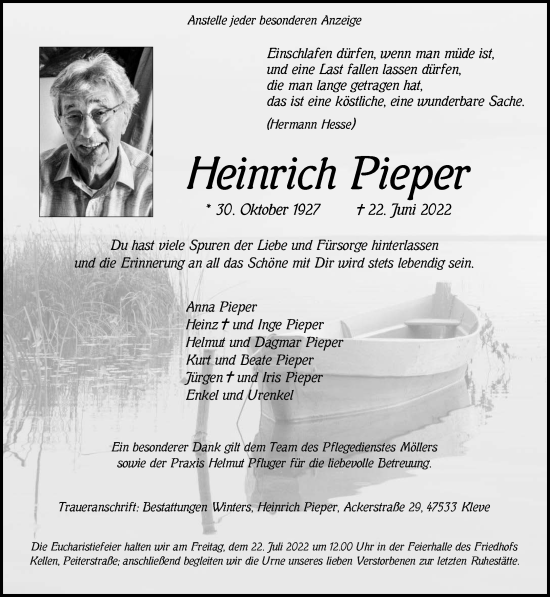 Traueranzeige von Heinrich Pieper 