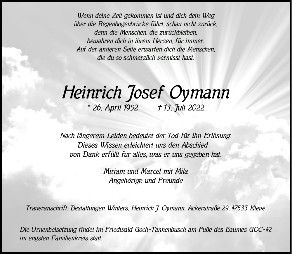  Traueranzeige für Heinrich Josef Oymann vom 23.07.2022 aus 