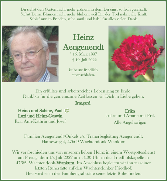 Traueranzeige von Heinz Aengenendt 