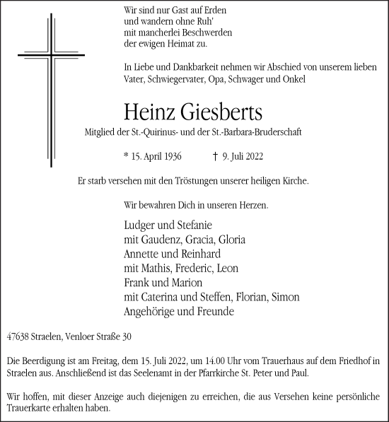 Traueranzeige von Heinz Giesberts 