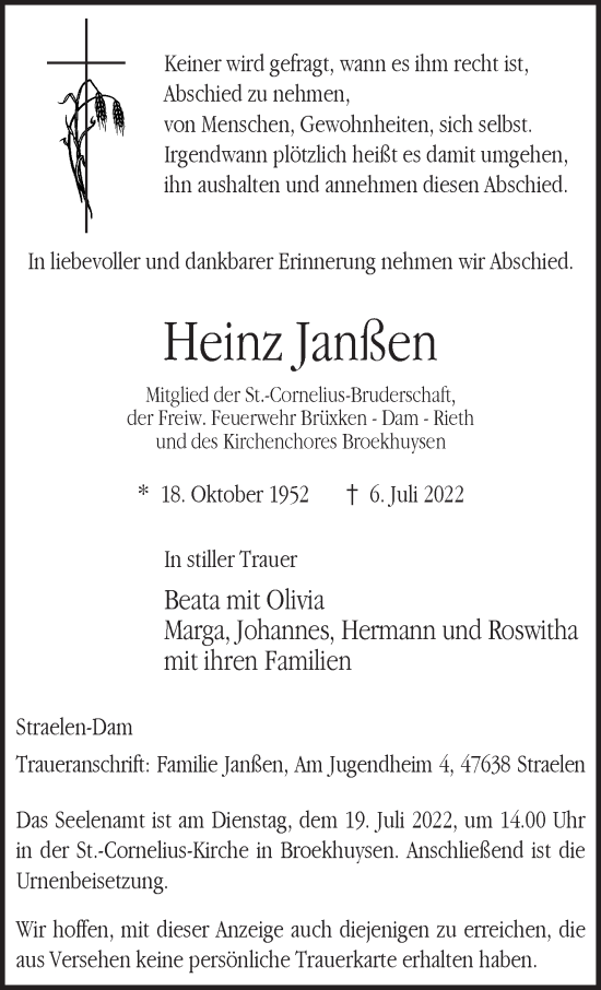 Traueranzeige von Heinz Janßen 