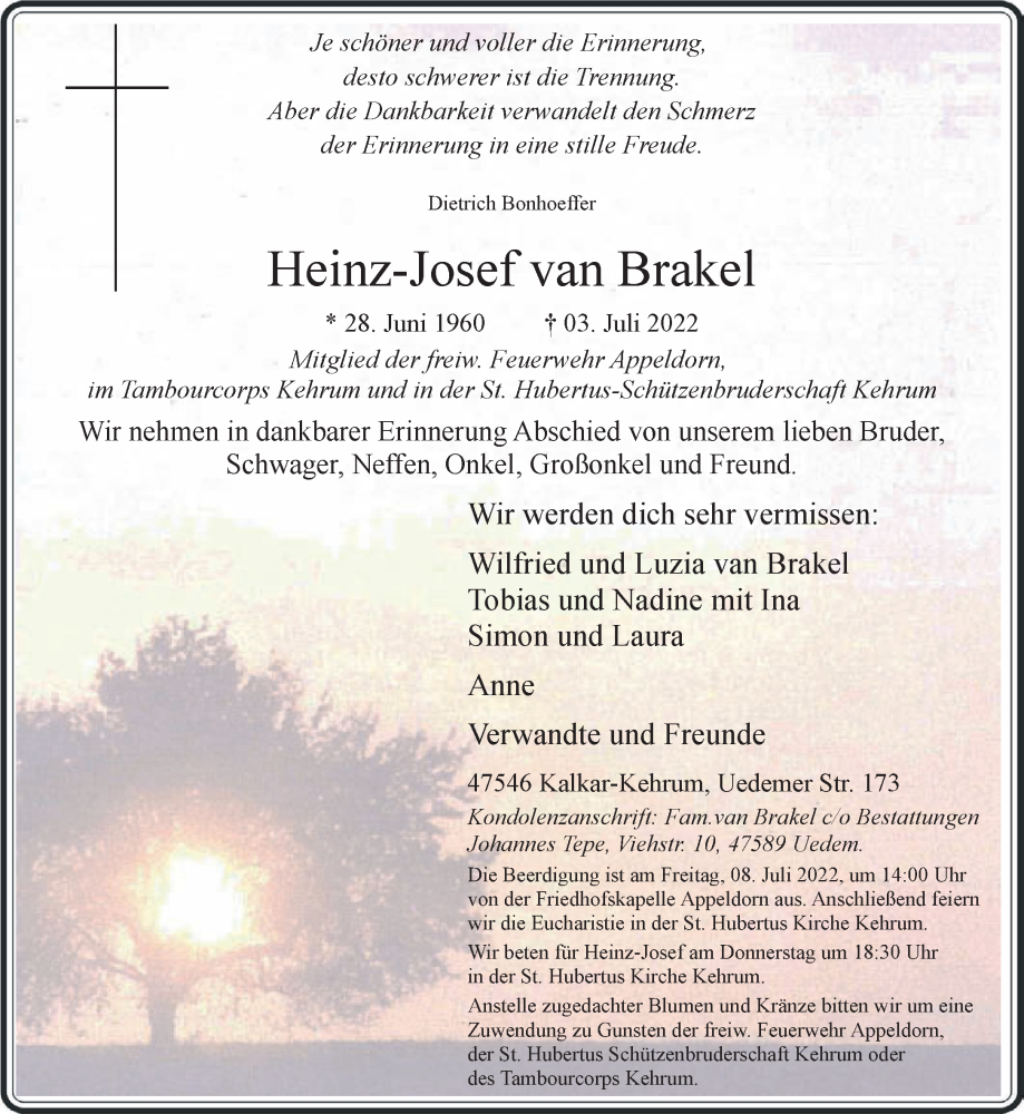  Traueranzeige für Heinz-Josef van Brakel vom 06.07.2022 aus 