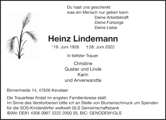 Traueranzeige von Heinz Lindemann 
