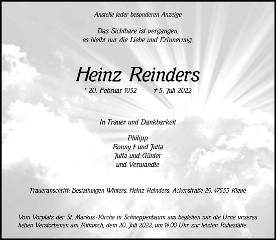 Traueranzeige von Heinz Reinders 