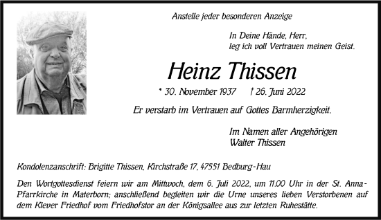 Traueranzeige von Heinz Thissen 