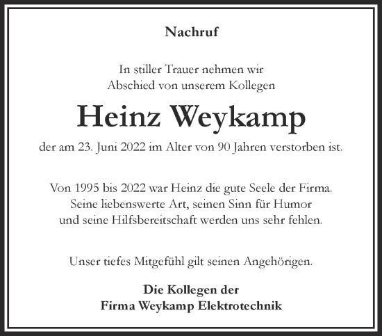 Traueranzeige von Heinz Weykamp 