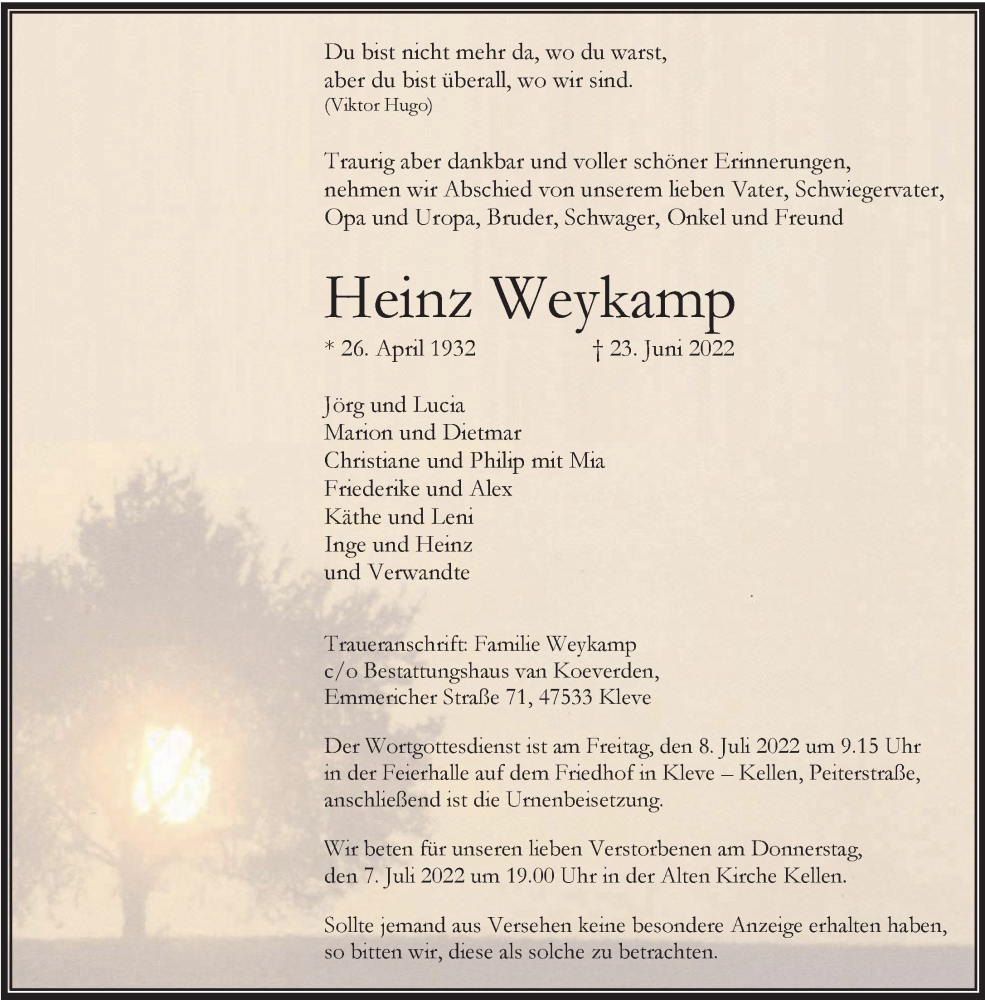  Traueranzeige für Heinz Weykamp vom 02.07.2022 aus 
