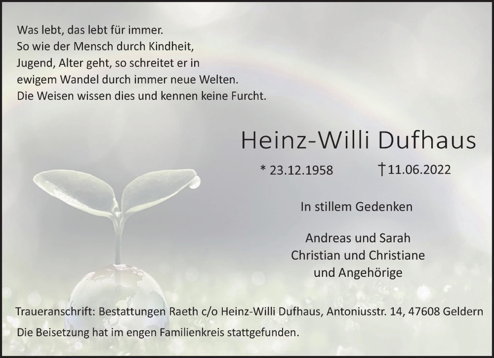  Traueranzeige für Heinz-Willi Dufhaus vom 16.07.2022 aus 