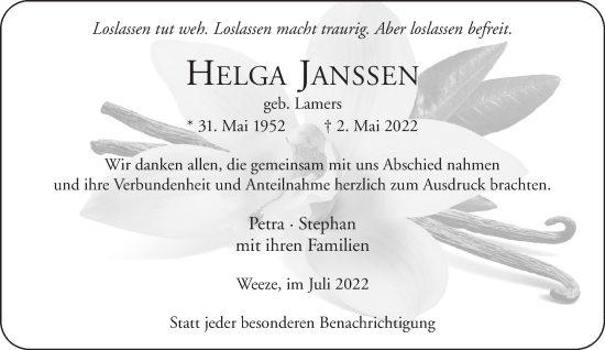 Traueranzeige von Helga Janssen 