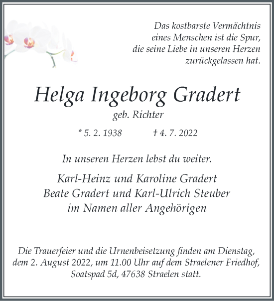 Traueranzeige von Helga Ingeborg Gradert 