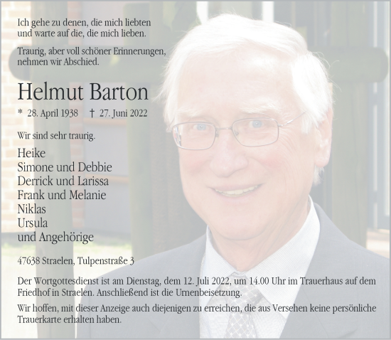 Traueranzeige von Helmut Barton 