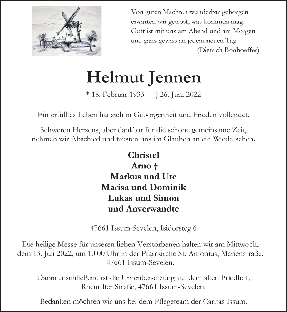  Traueranzeige für Helmut Jennen vom 02.07.2022 aus 