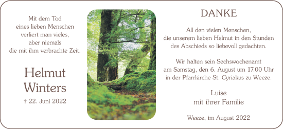 Traueranzeige von Helmut Winters 