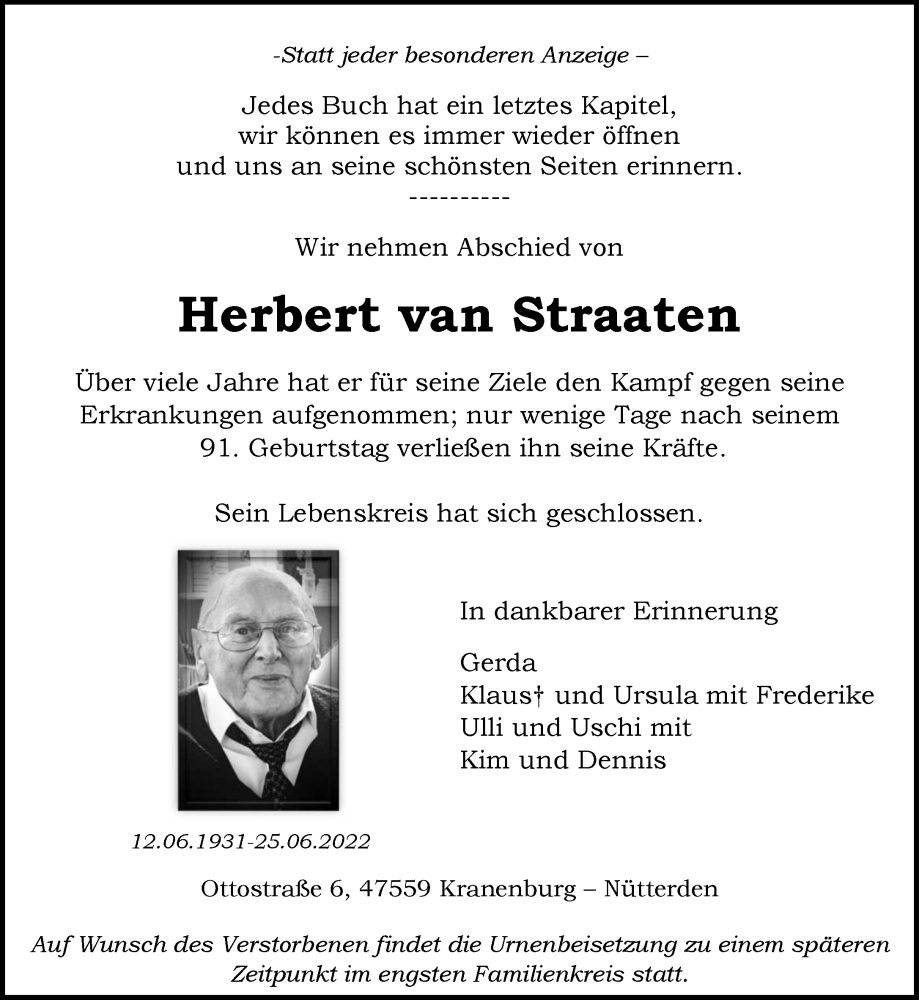  Traueranzeige für Herbert van Straaten vom 02.07.2022 aus 