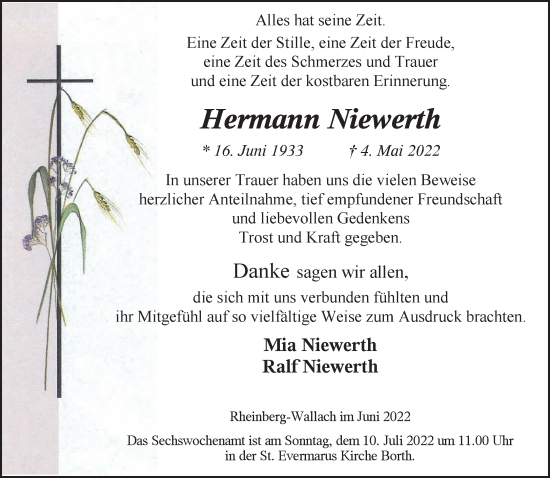 Traueranzeige von Hermann Niewerth 