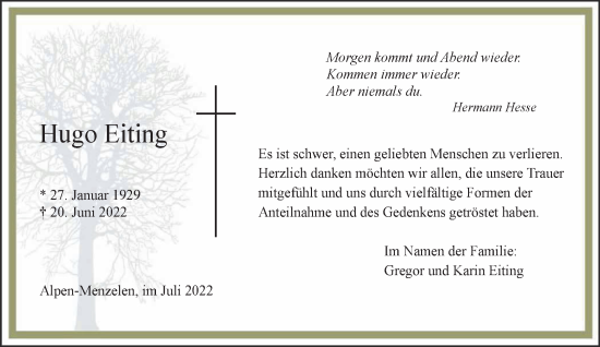 Traueranzeige von Hugo Eiting 