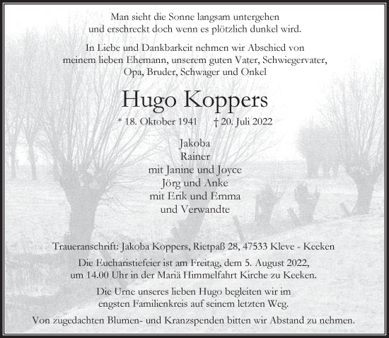 Traueranzeige von Hugo Koppers 
