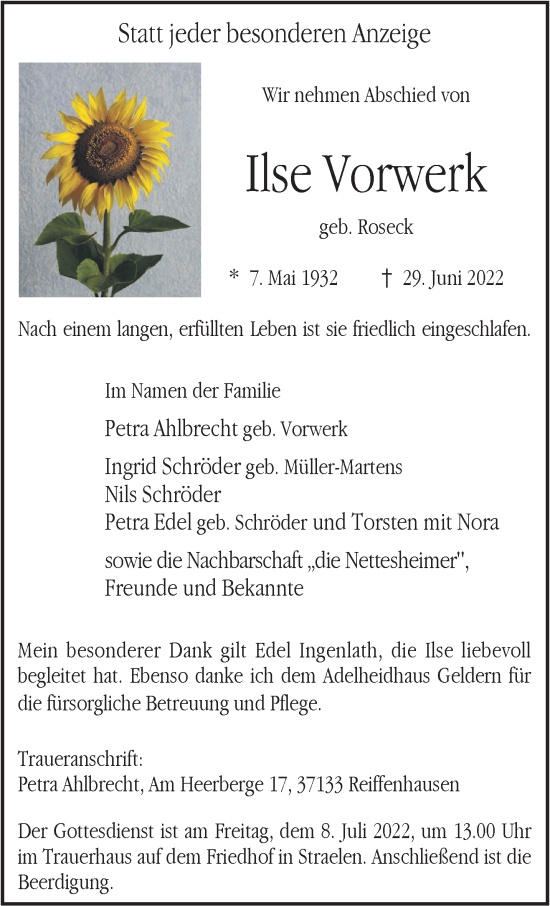 Traueranzeige von Ilse Vorwerk 