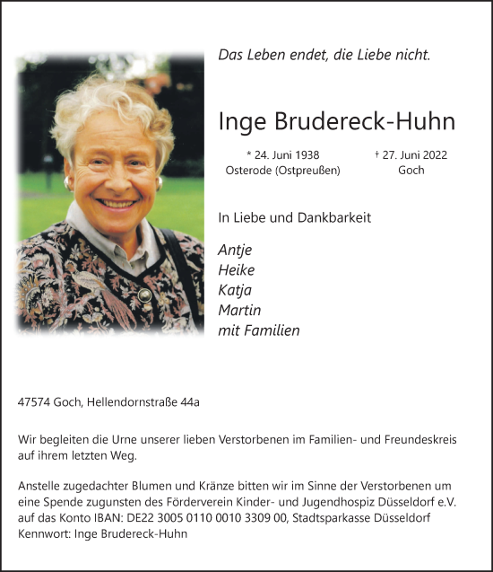 Traueranzeige von Inge Brudereck-Huhn 