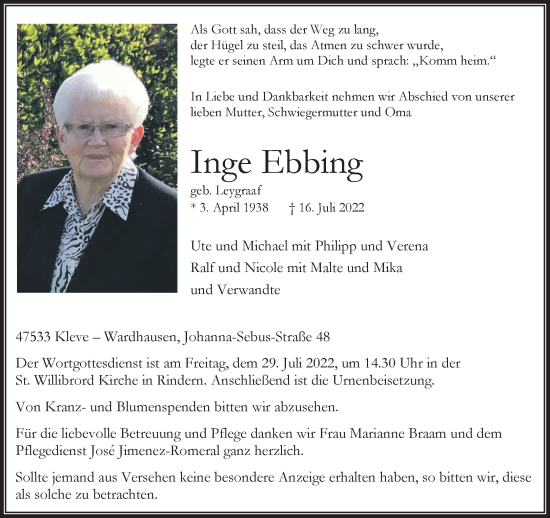 Traueranzeige von Inge Ebbing 