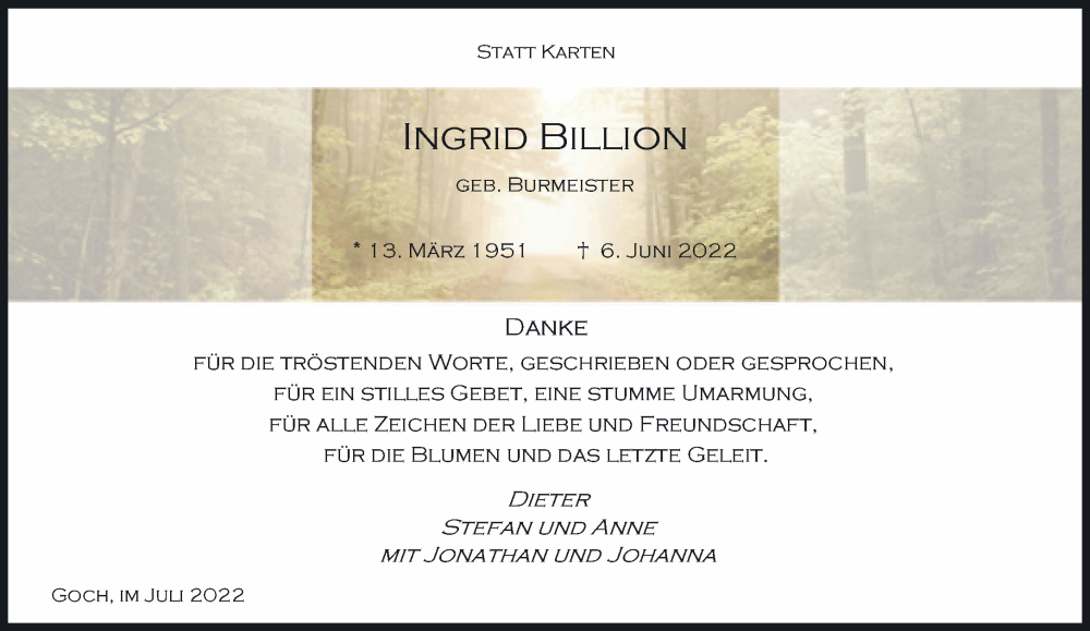  Traueranzeige für Ingrid Billion vom 30.07.2022 aus 