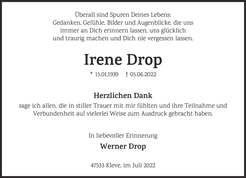  Traueranzeige für Irene Drop vom 16.07.2022 aus 