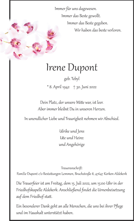Traueranzeige von Irene Dupont 