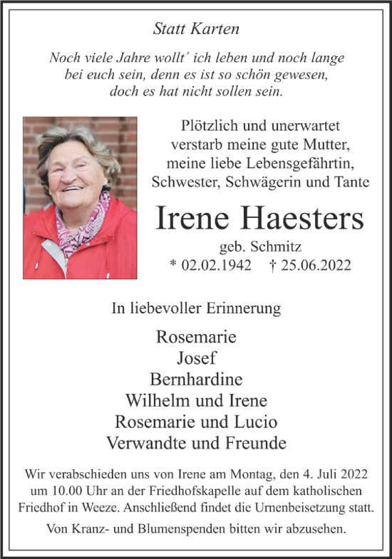 Traueranzeige von Irene Haesters 