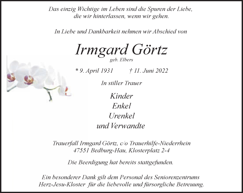  Traueranzeige für Irmgard Görtz vom 02.07.2022 aus 