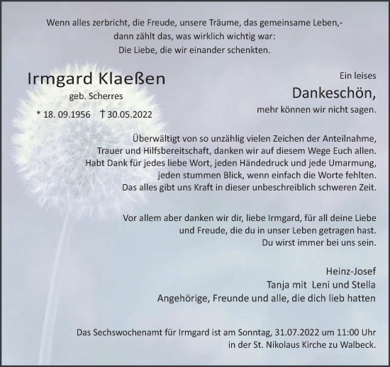 Traueranzeige von Irmgard Klaeßen 