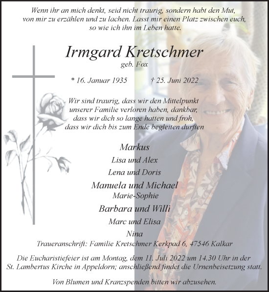 Traueranzeige von Irmgard Kretschmer 