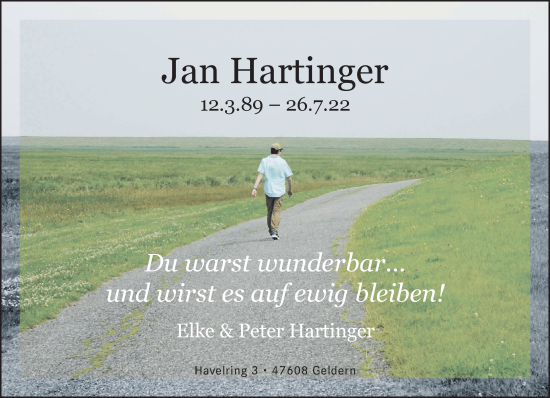 Traueranzeige von Jan Hartinger 