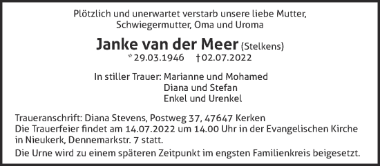 Traueranzeige von Janke van der Meer 