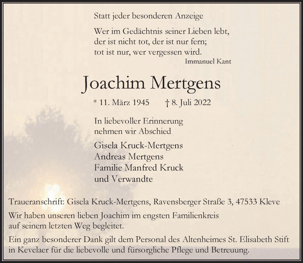  Traueranzeige für Joachim Mertgens vom 23.07.2022 aus 
