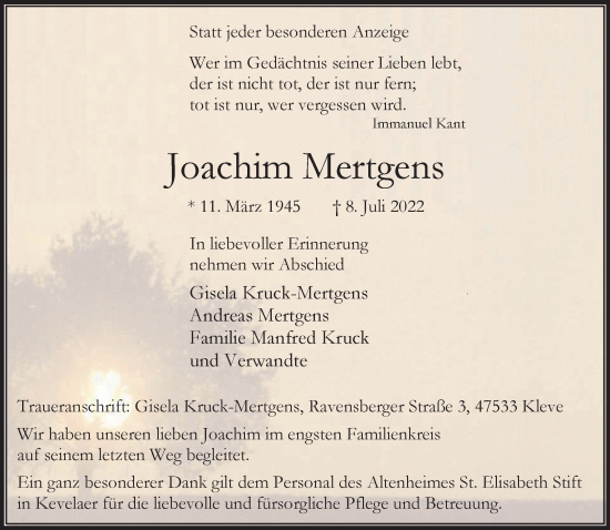 Traueranzeige von Joachim Mertgens 