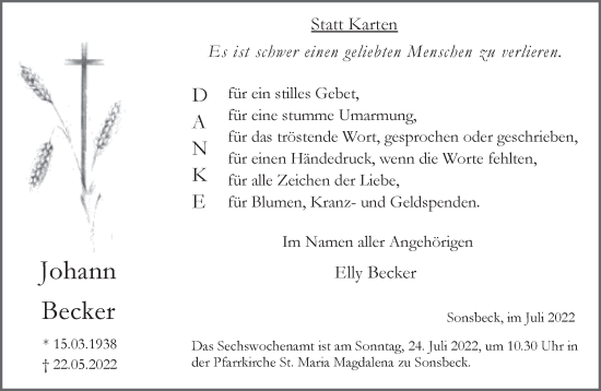 Traueranzeige von Johann Becker 