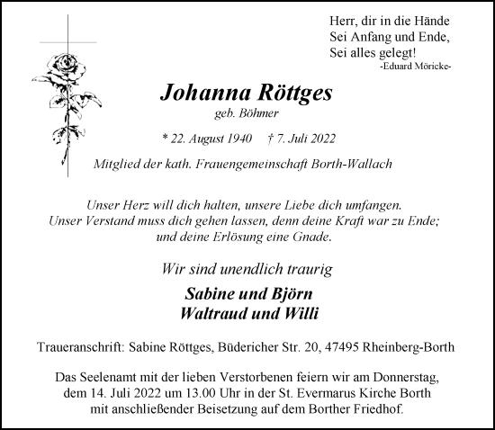 Traueranzeige von Johanna Röttges 