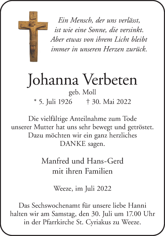 Traueranzeige von Johanna Verbeten 