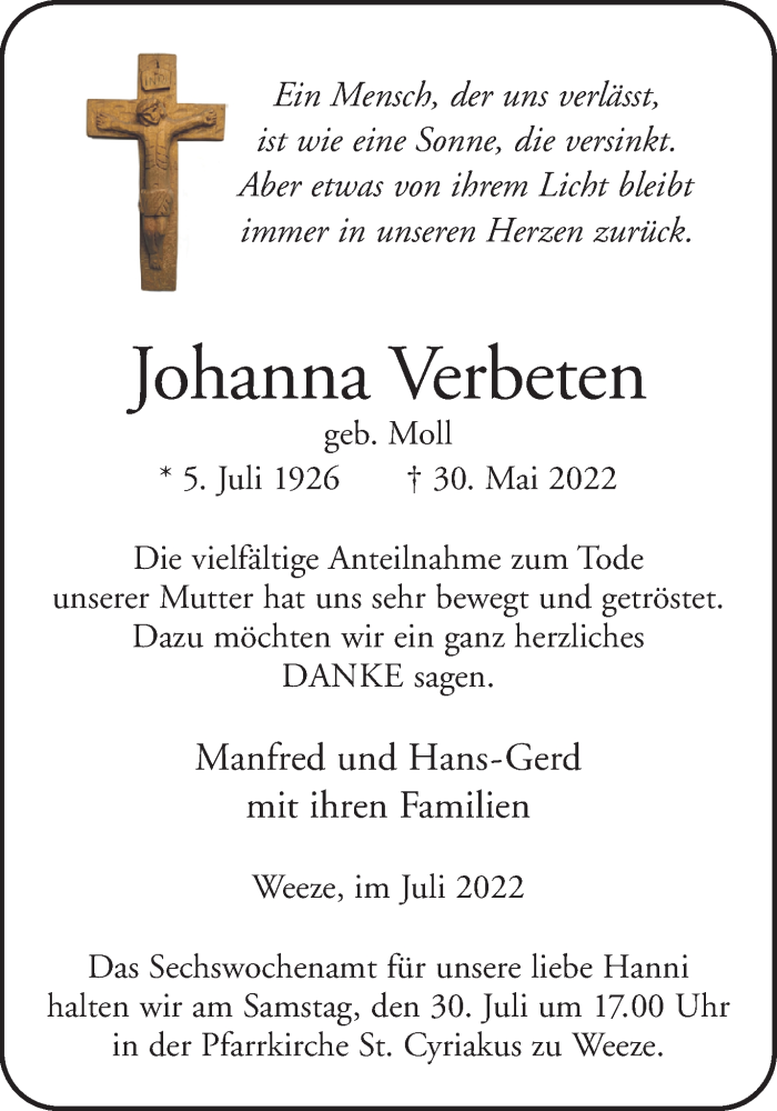  Traueranzeige für Johanna Verbeten vom 23.07.2022 aus 