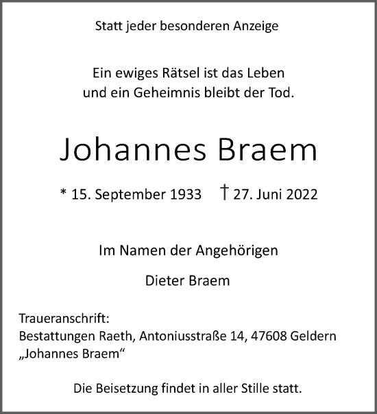 Traueranzeige von Johannes Braem 