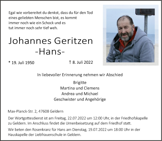 Traueranzeige von Johannes Geritzen 
