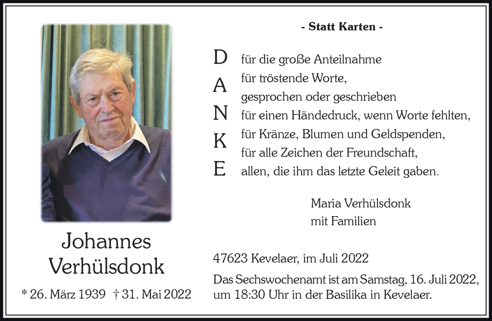  Traueranzeige für Johannes Verhülsdonk vom 16.07.2022 aus 