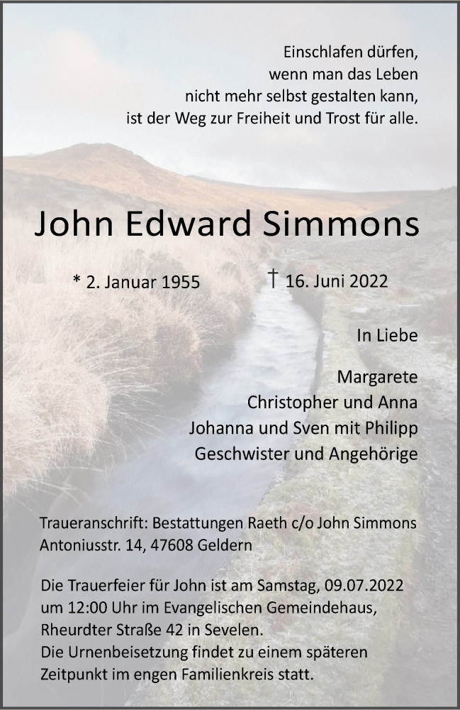  Traueranzeige für John Edward Simmons vom 02.07.2022 aus 